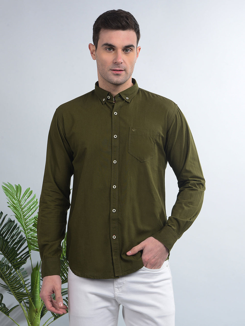 cobb solid olive slim-fit button down casual shirt