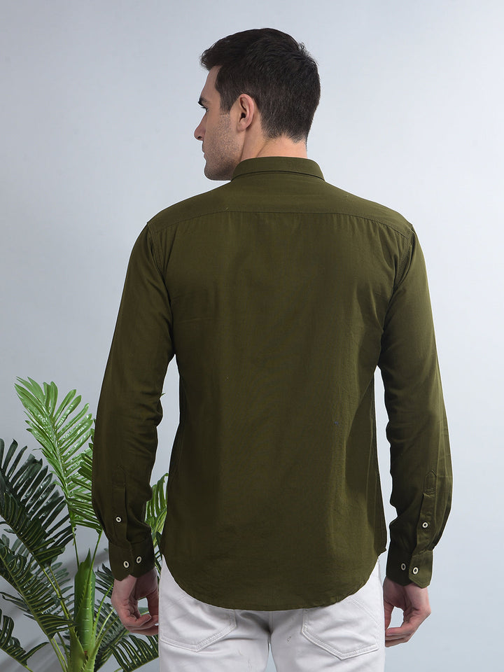 cobb solid olive slim-fit button down casual shirt