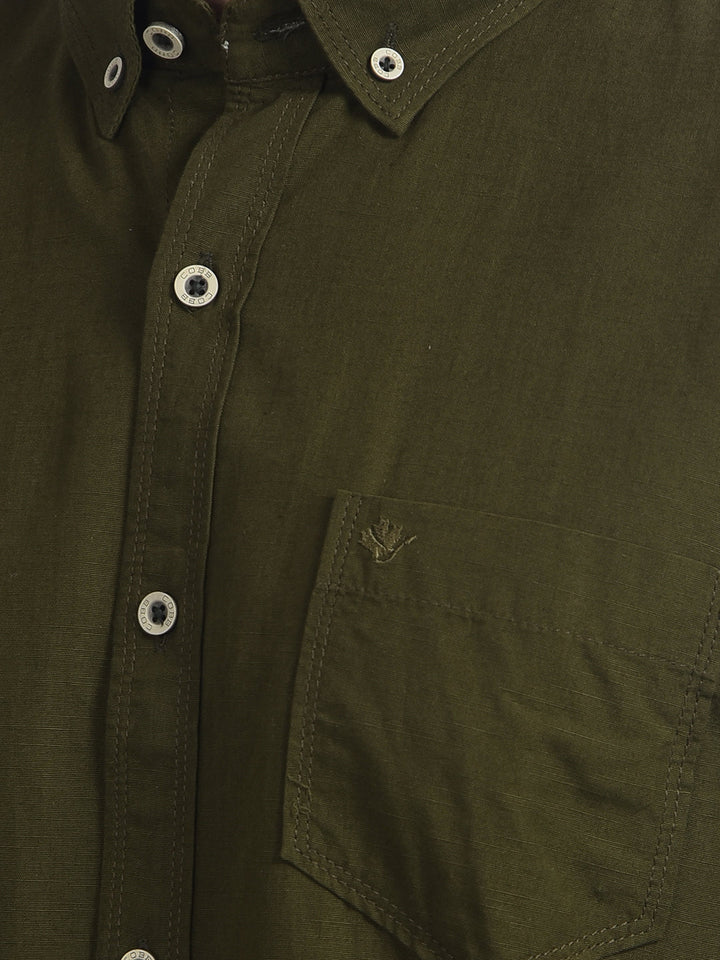 cobb solid olive slim-fit button down casual shirt