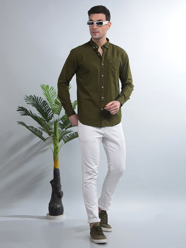 COBB SOLID OLIVE SLIM-FIT BUTTON DOWN CASUAL SHIRT