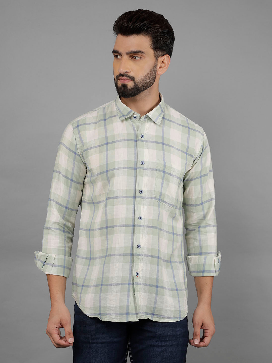 cobb light green checked slim-fit casual shirt