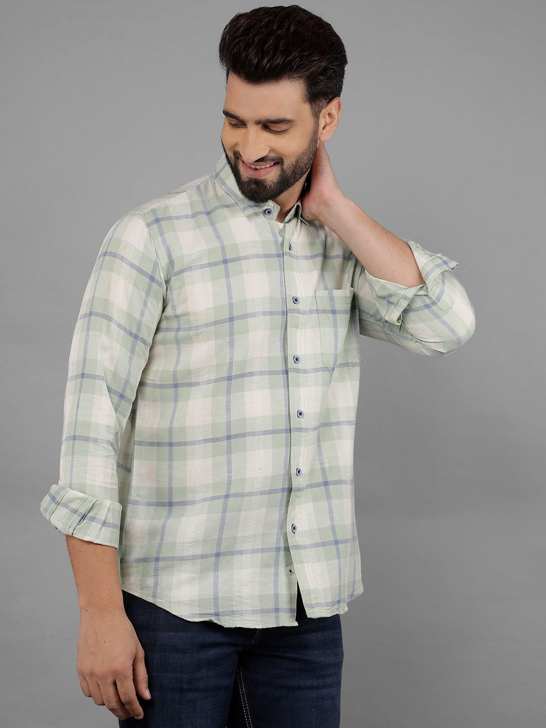 cobb light green checked slim-fit casual shirt