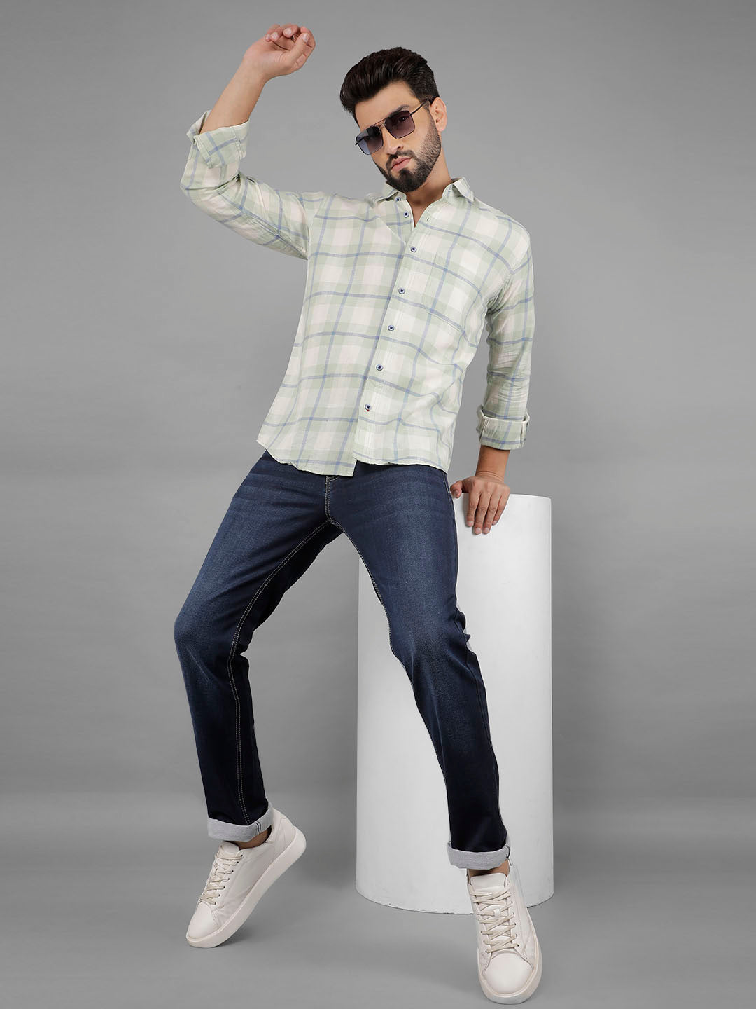 COBB LIGHT GREEN CHECKED SLIM-FIT CASUAL SHIRT