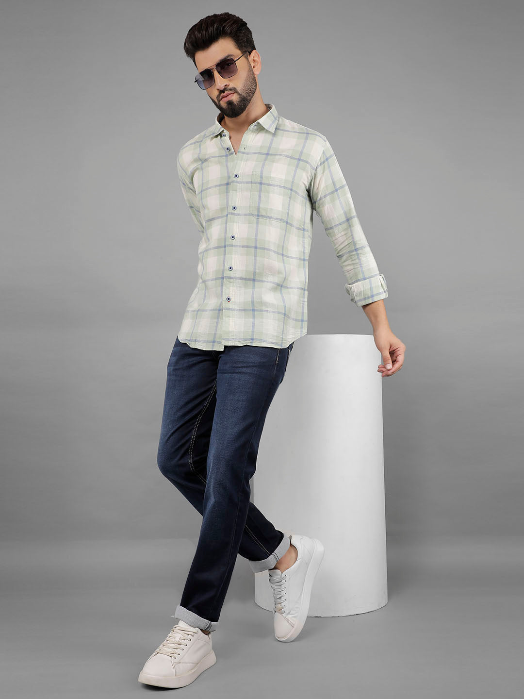 COBB LIGHT GREEN CHECKED SLIM-FIT CASUAL SHIRT