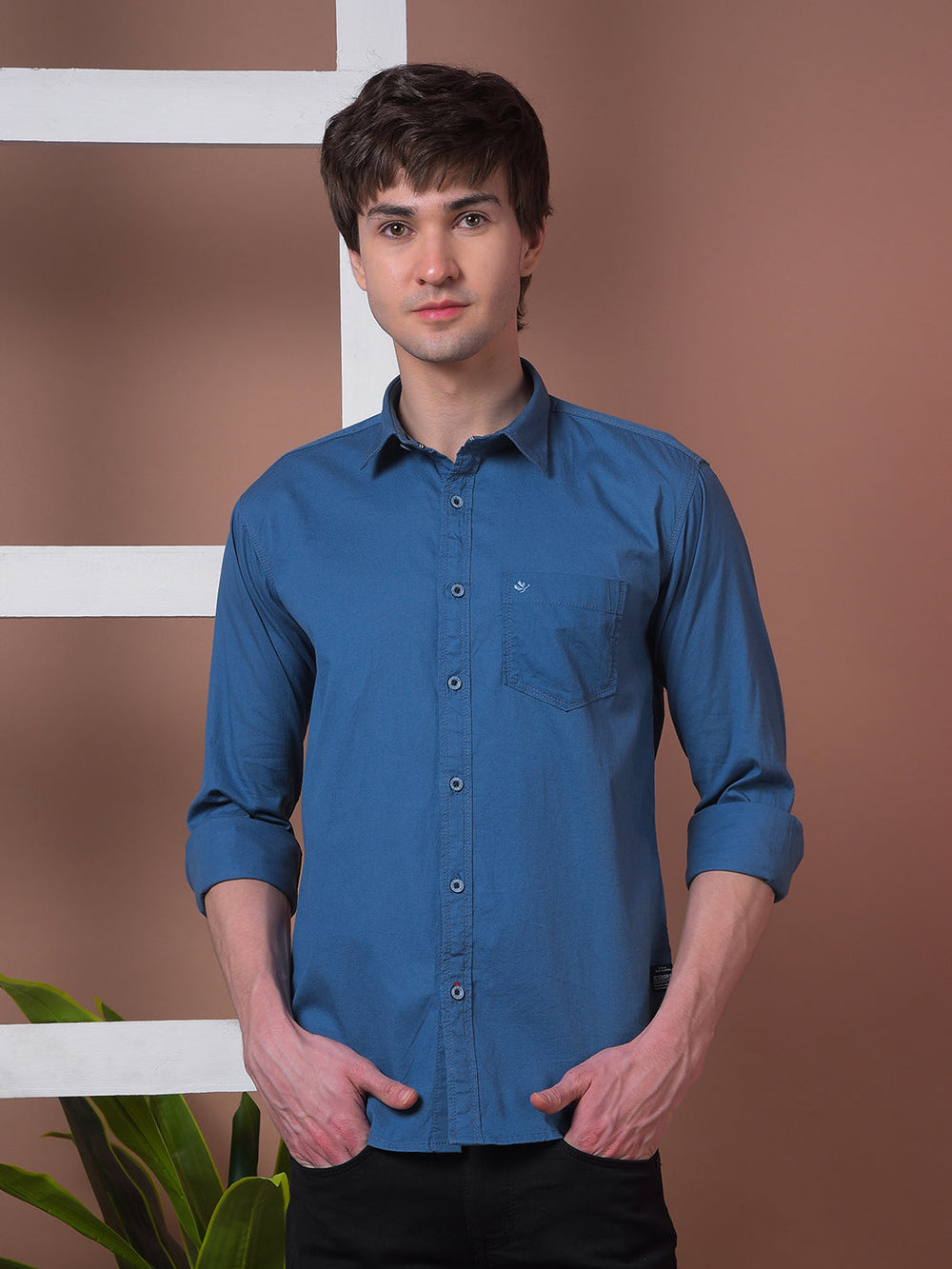 cobb solid cobalt blue slim-fit casual shirt