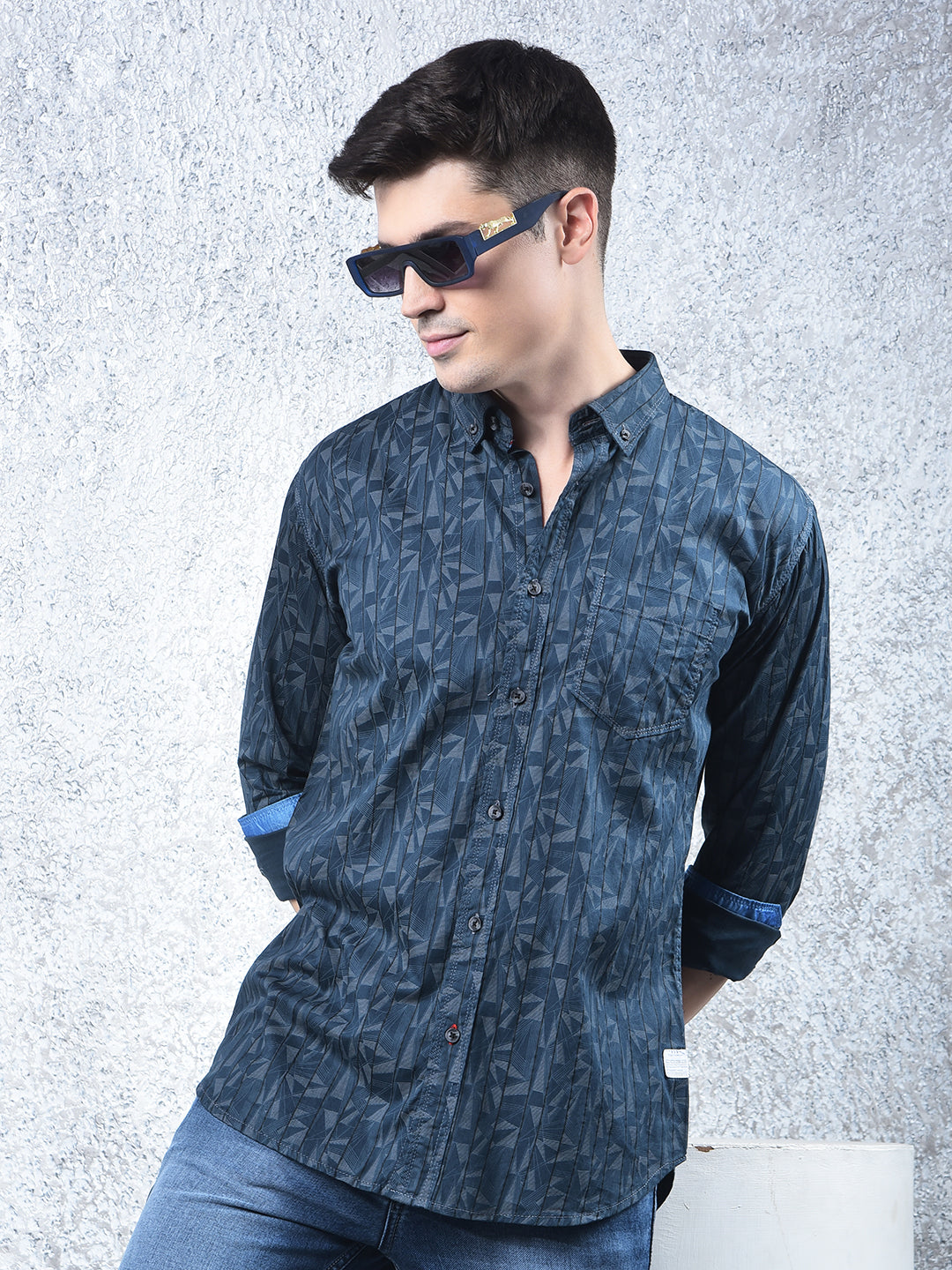 cobb teal blue printed casual shirt