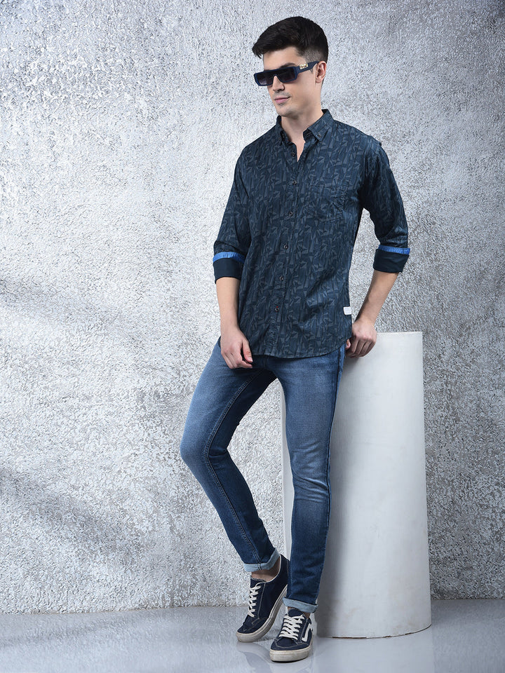 COBB TEAL BLUE PRINTED CASUAL SHIRT