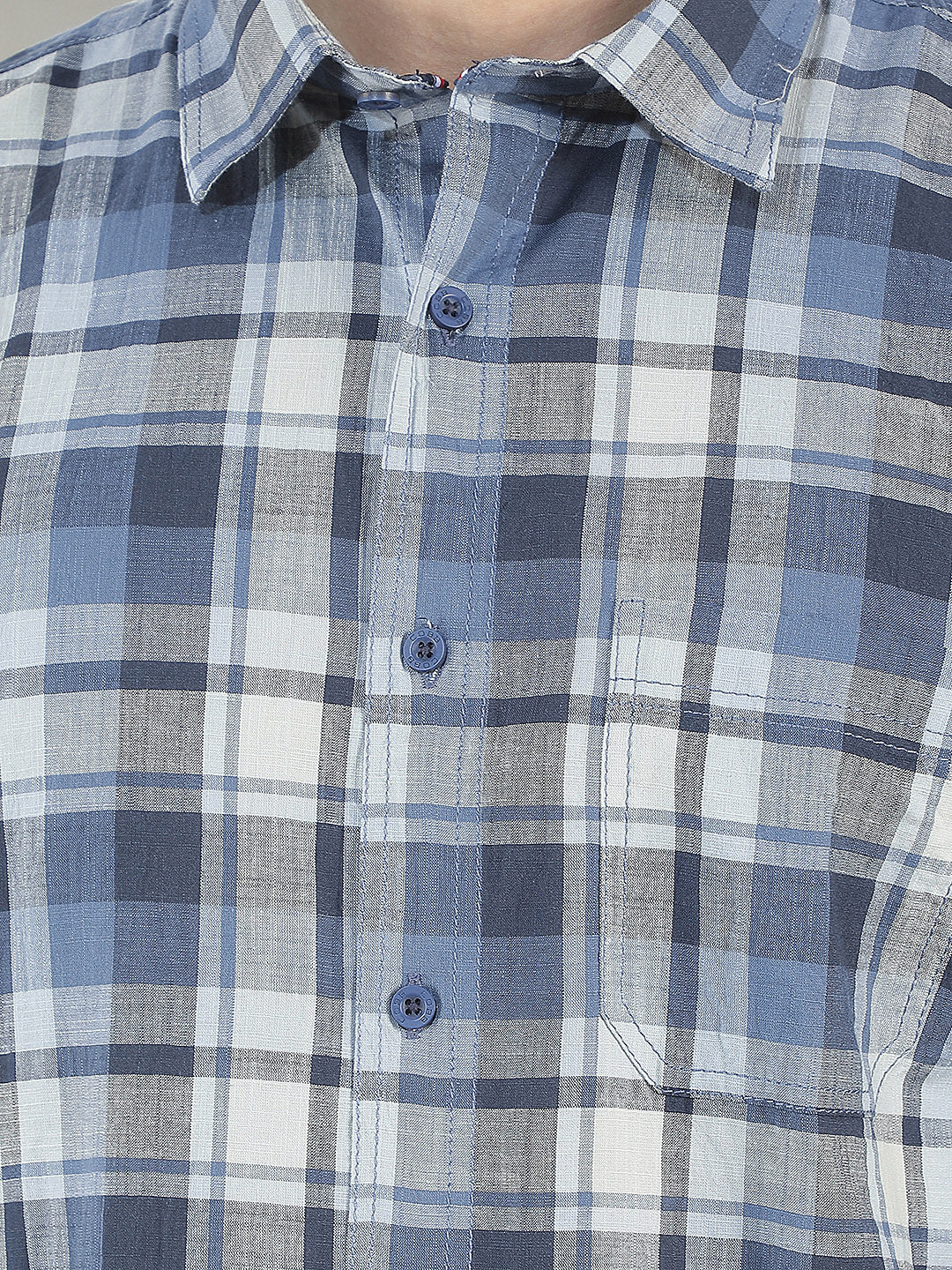 blue checked slim-fit casual shirt