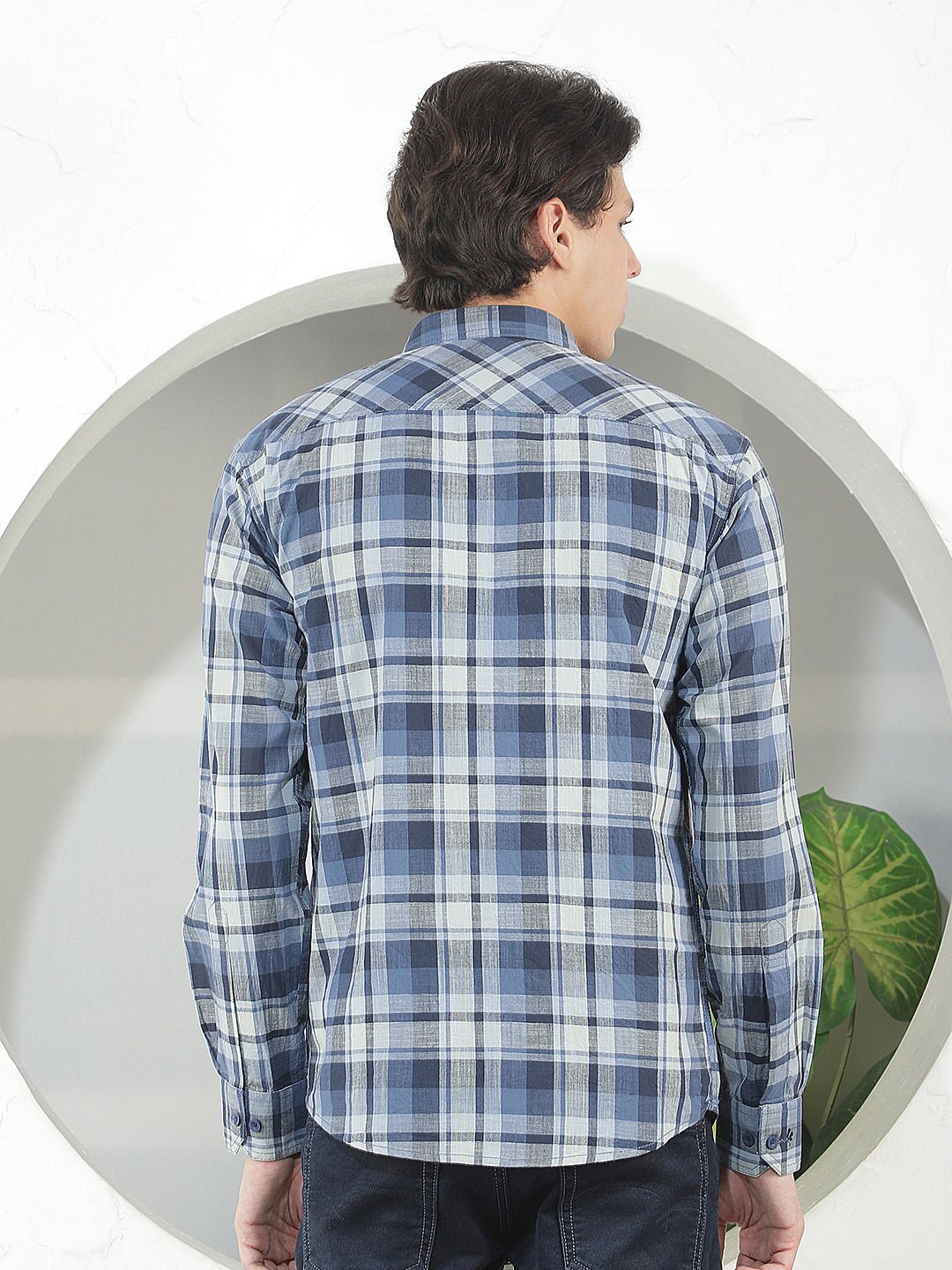 blue checked slim-fit casual shirt