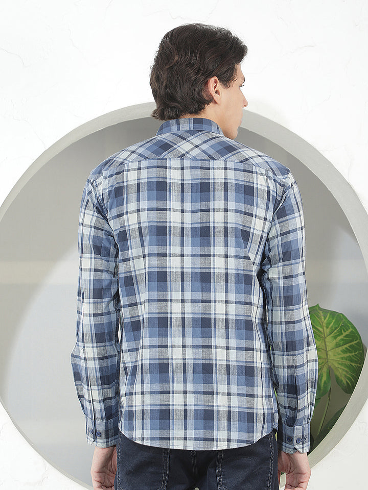blue checked slim-fit casual shirt