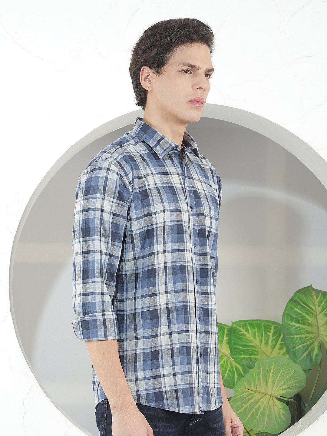 BLUE CHECKED SLIM-FIT CASUAL SHIRT