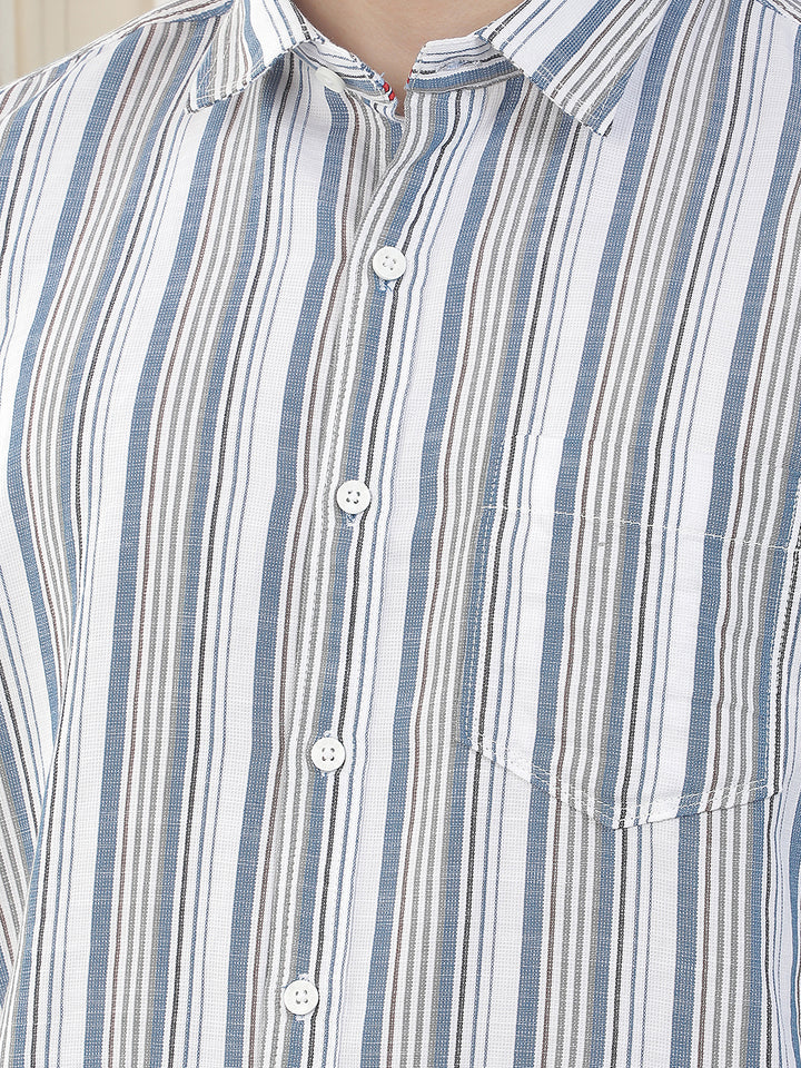 blue striped slim-fit casual shirt