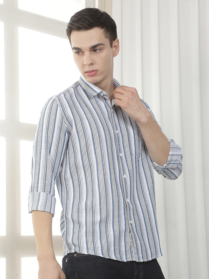 BLUE STRIPED SLIM-FIT CASUAL SHIRT