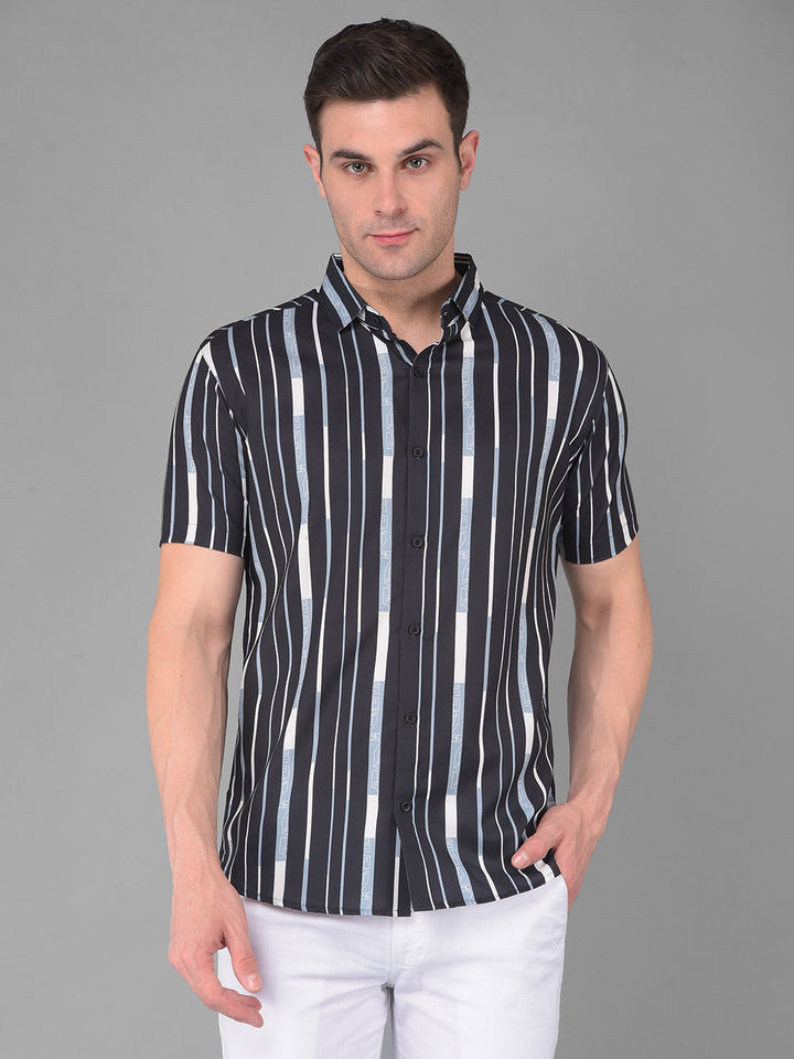 cobb black striped half-sleeve slim fit casual shirt