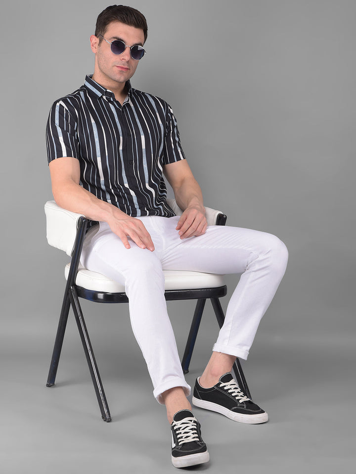 cobb black striped half-sleeve slim fit casual shirt