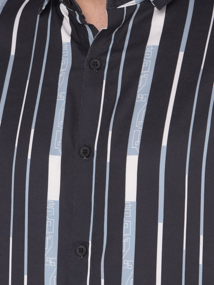 COBB BLACK STRIPED HALF-SLEEVE SLIM FIT CASUAL SHIRT