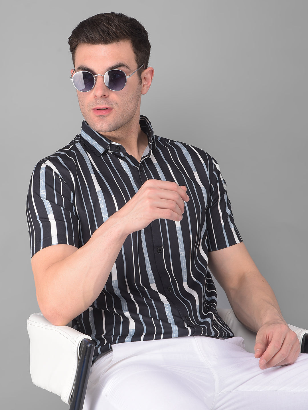 COBB BLACK STRIPED HALF-SLEEVE SLIM FIT CASUAL SHIRT