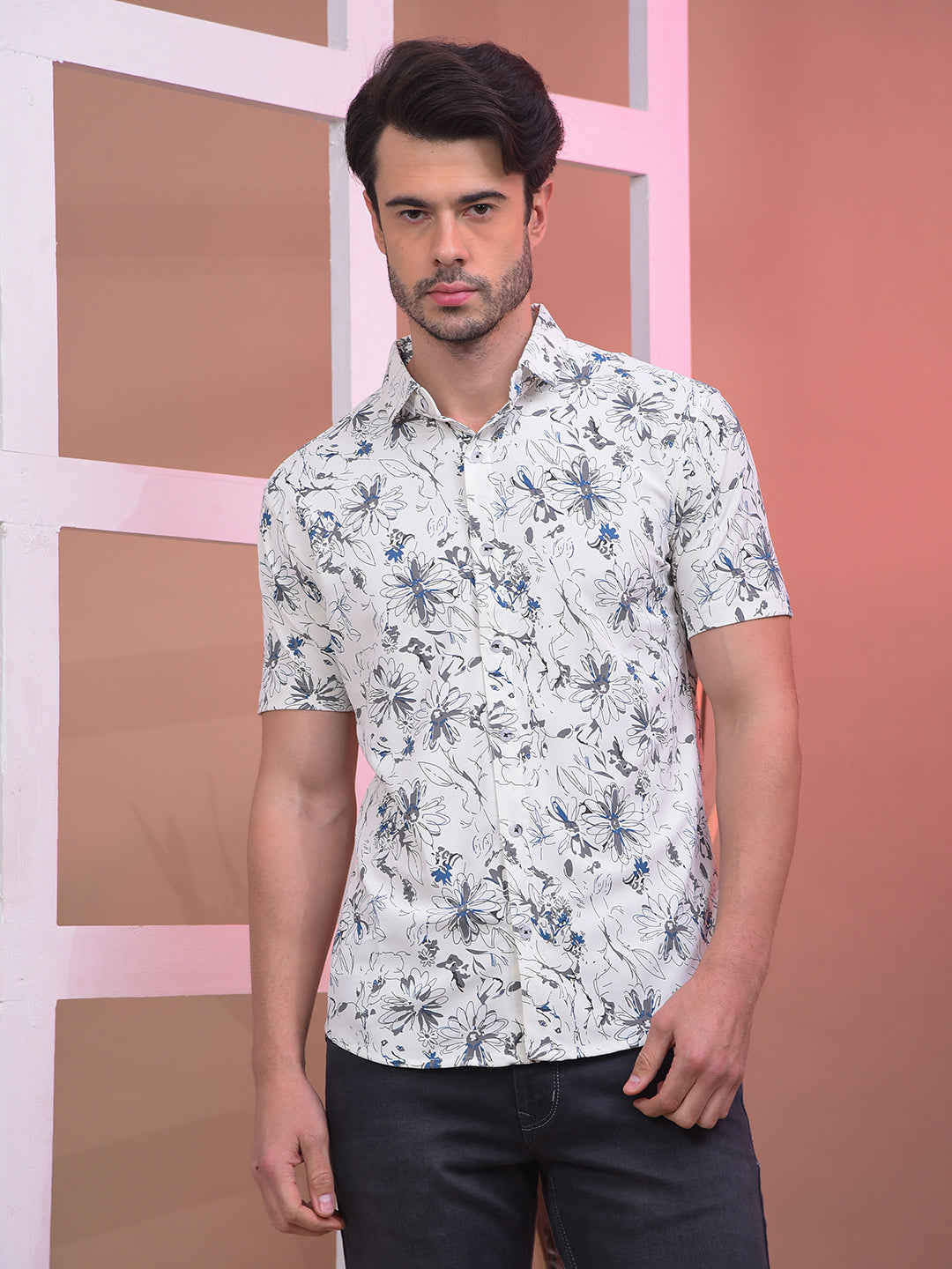cobb off white printed half-sleeve casual shirt