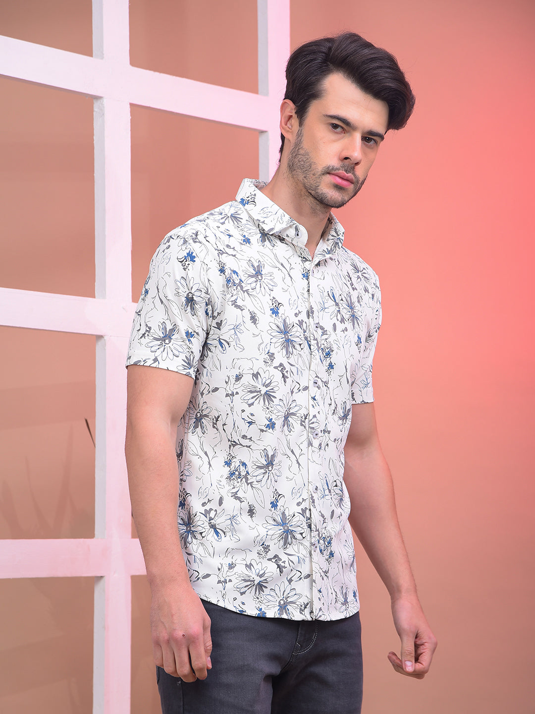 COBB OFF WHITE PRINTED HALF-SLEEVE CASUAL SHIRT