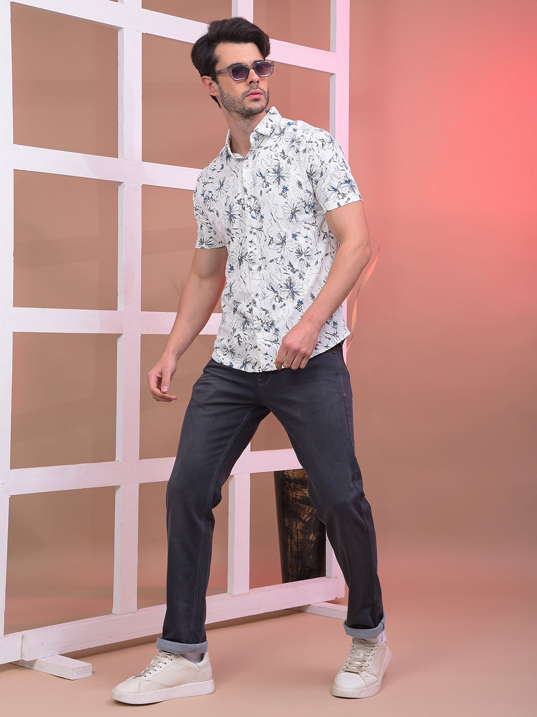 COBB OFF WHITE PRINTED HALF-SLEEVE CASUAL SHIRT