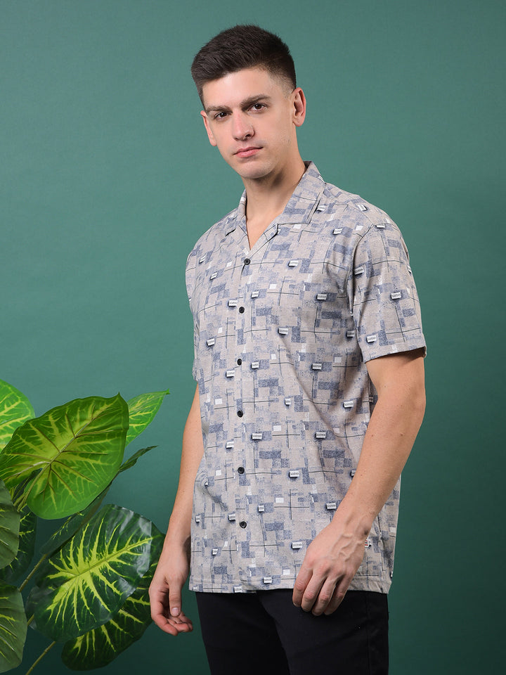 COBB BEIGE PRINTED HALF-SLEEVE CASUAL SHIRT