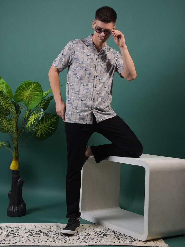 COBB BEIGE PRINTED HALF-SLEEVE CASUAL SHIRT