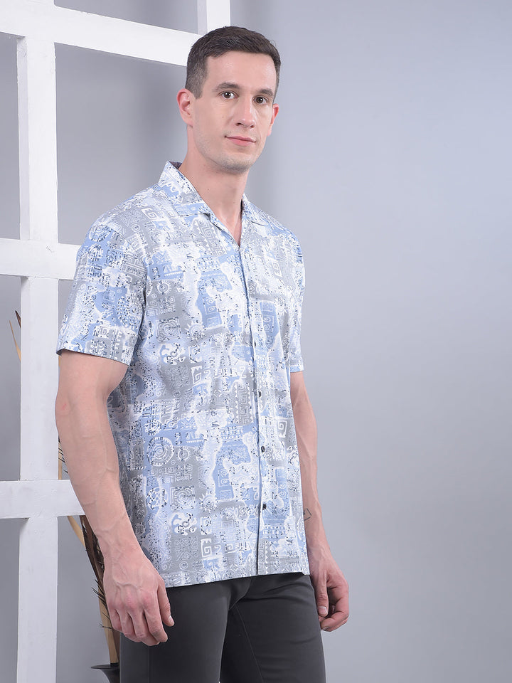 COBB SKY BLUE PRINTED HALF-SLEEVE CASUAL SHIRT