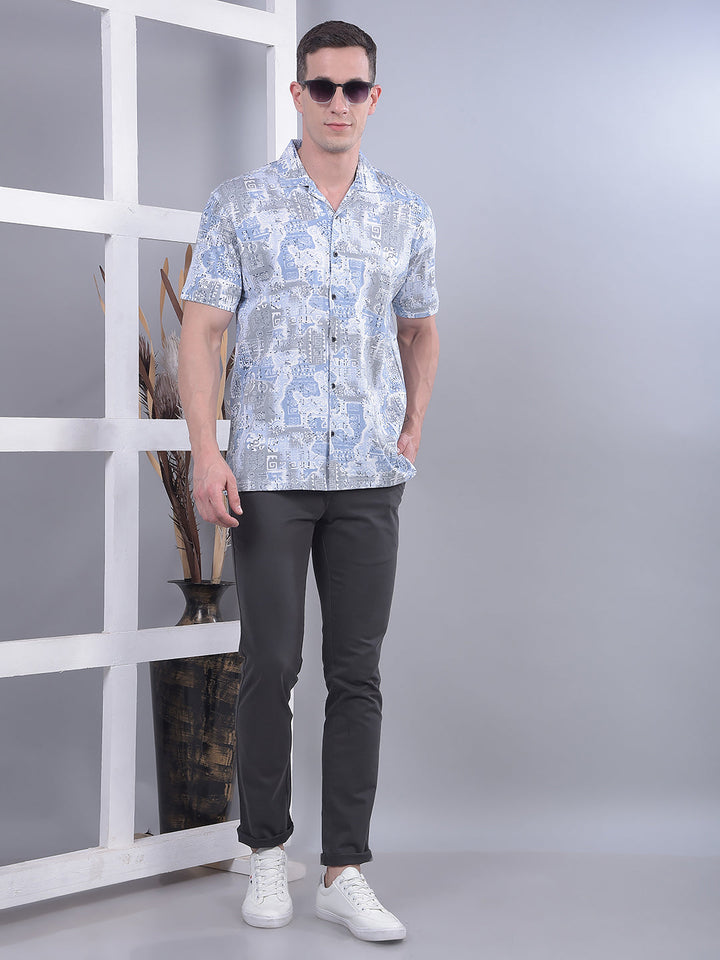COBB SKY BLUE PRINTED HALF-SLEEVE CASUAL SHIRT
