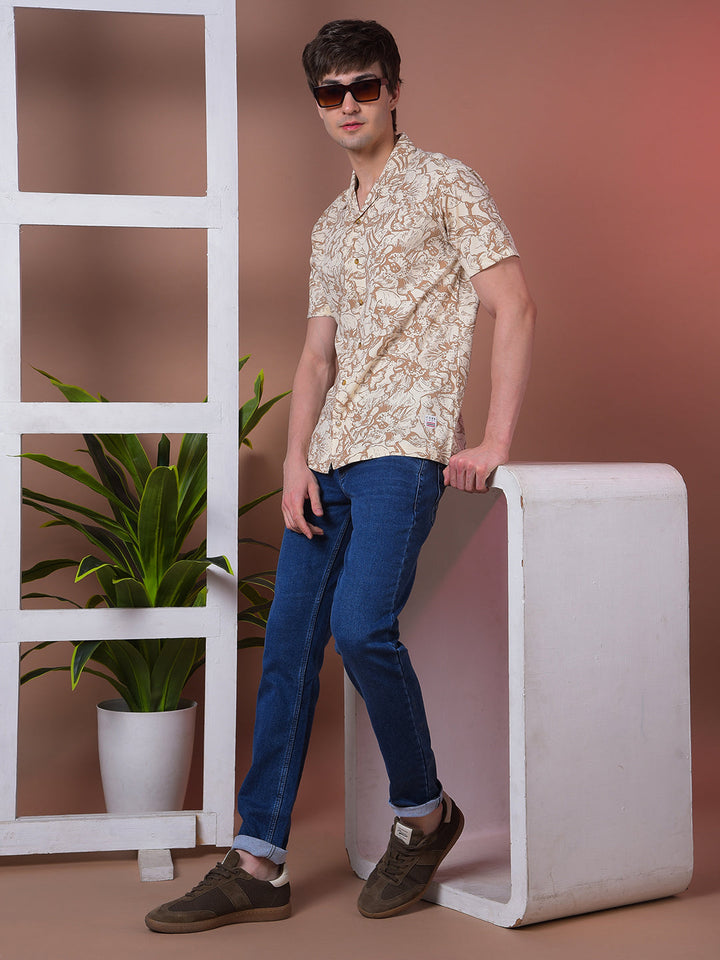 COBB BEIGE PRINTED HALF-SLEEVE CASUAL SHIRT