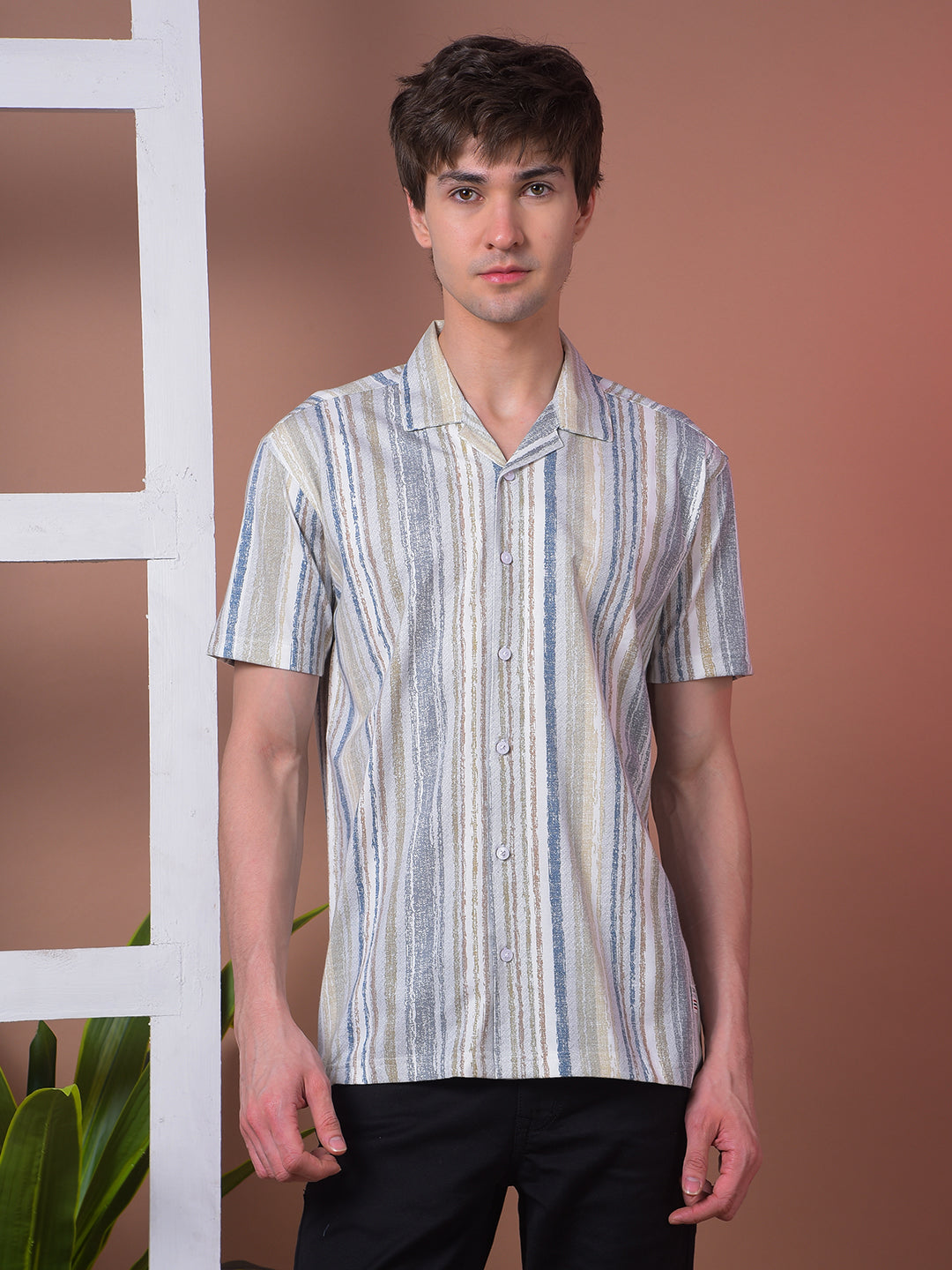 cobb off white striped half-sleeve casual shirt