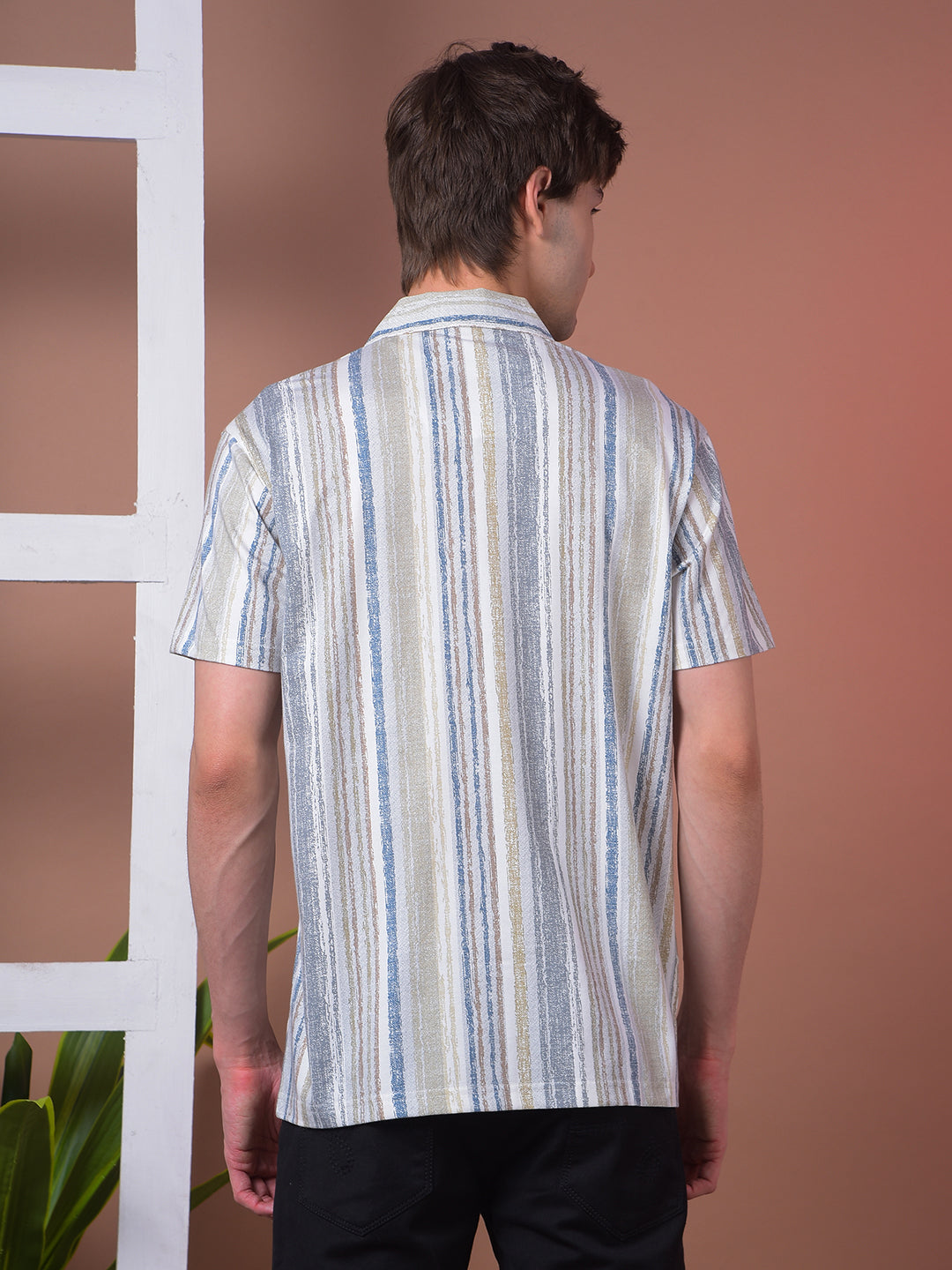 cobb off white striped half-sleeve casual shirt