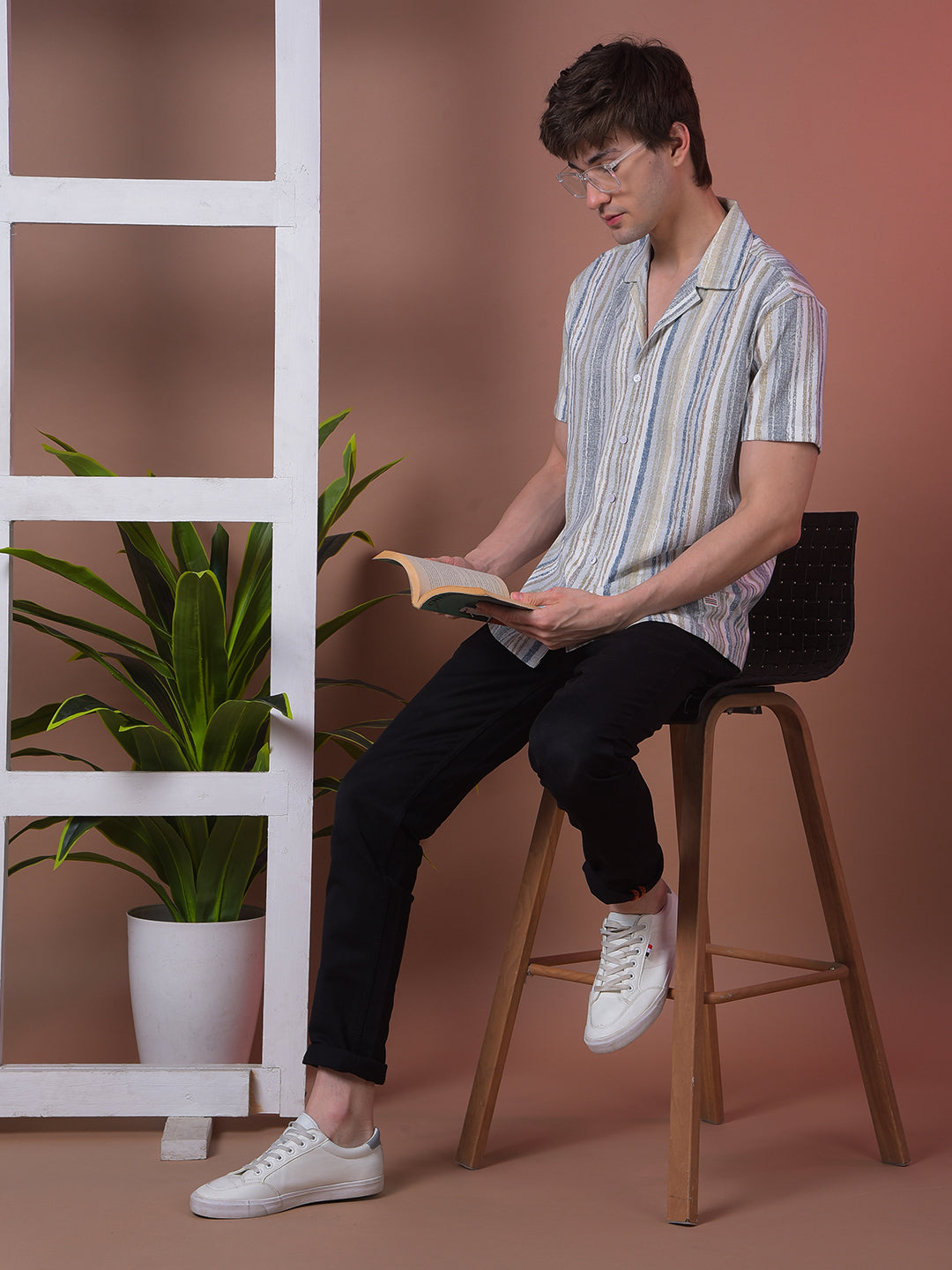 COBB OFF WHITE STRIPED HALF-SLEEVE CASUAL SHIRT