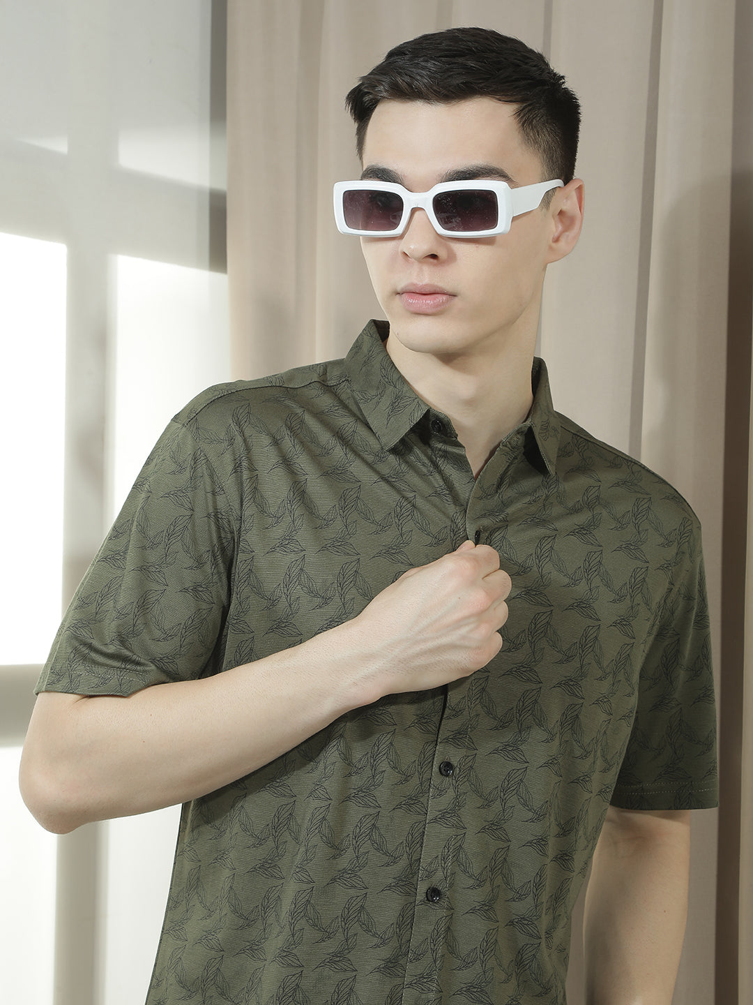 cobb olive printed half-sleeve casual shirt