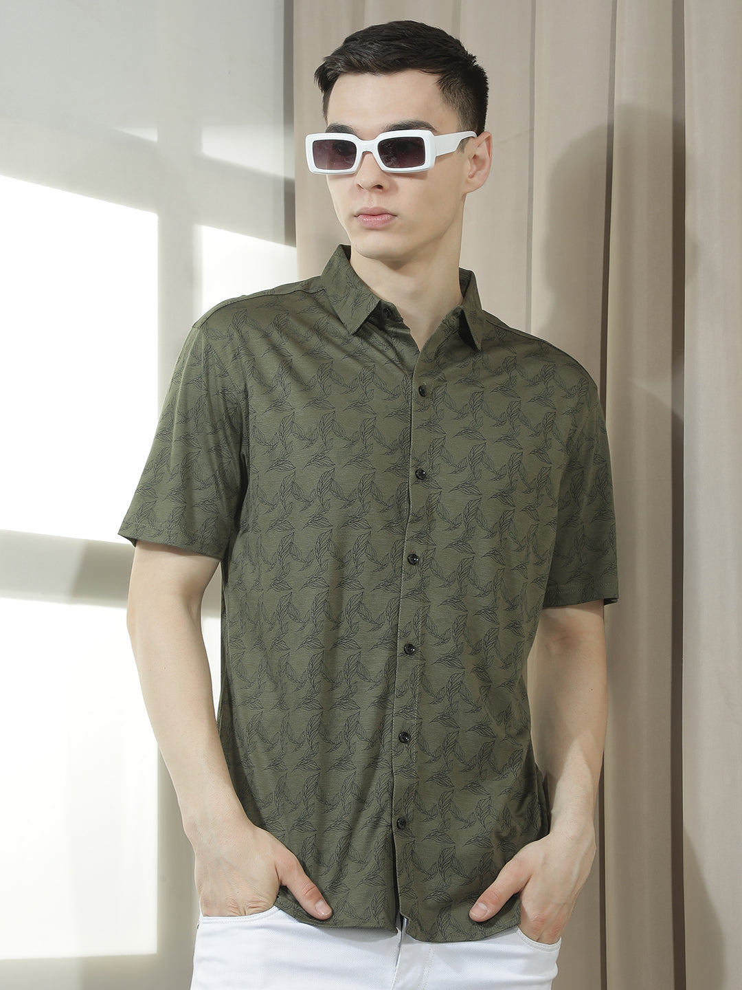 cobb olive printed half-sleeve casual shirt