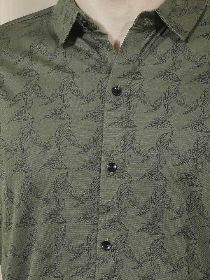 COBB OLIVE PRINTED HALF-SLEEVE CASUAL SHIRT