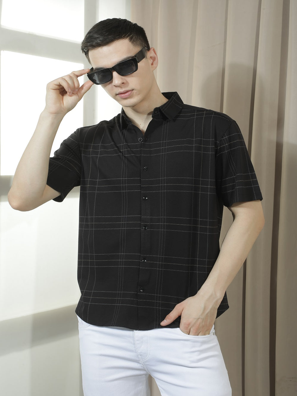 cobb black checked half-sleeve casual shirt