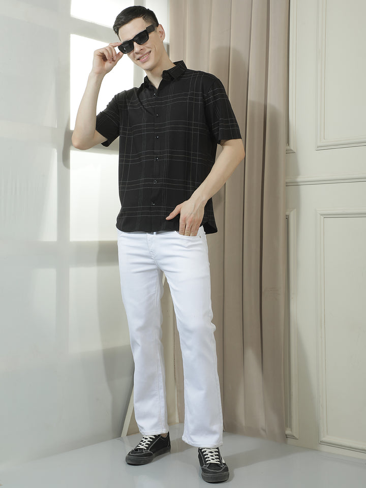 COBB BLACK CHECKED HALF-SLEEVE CASUAL SHIRT