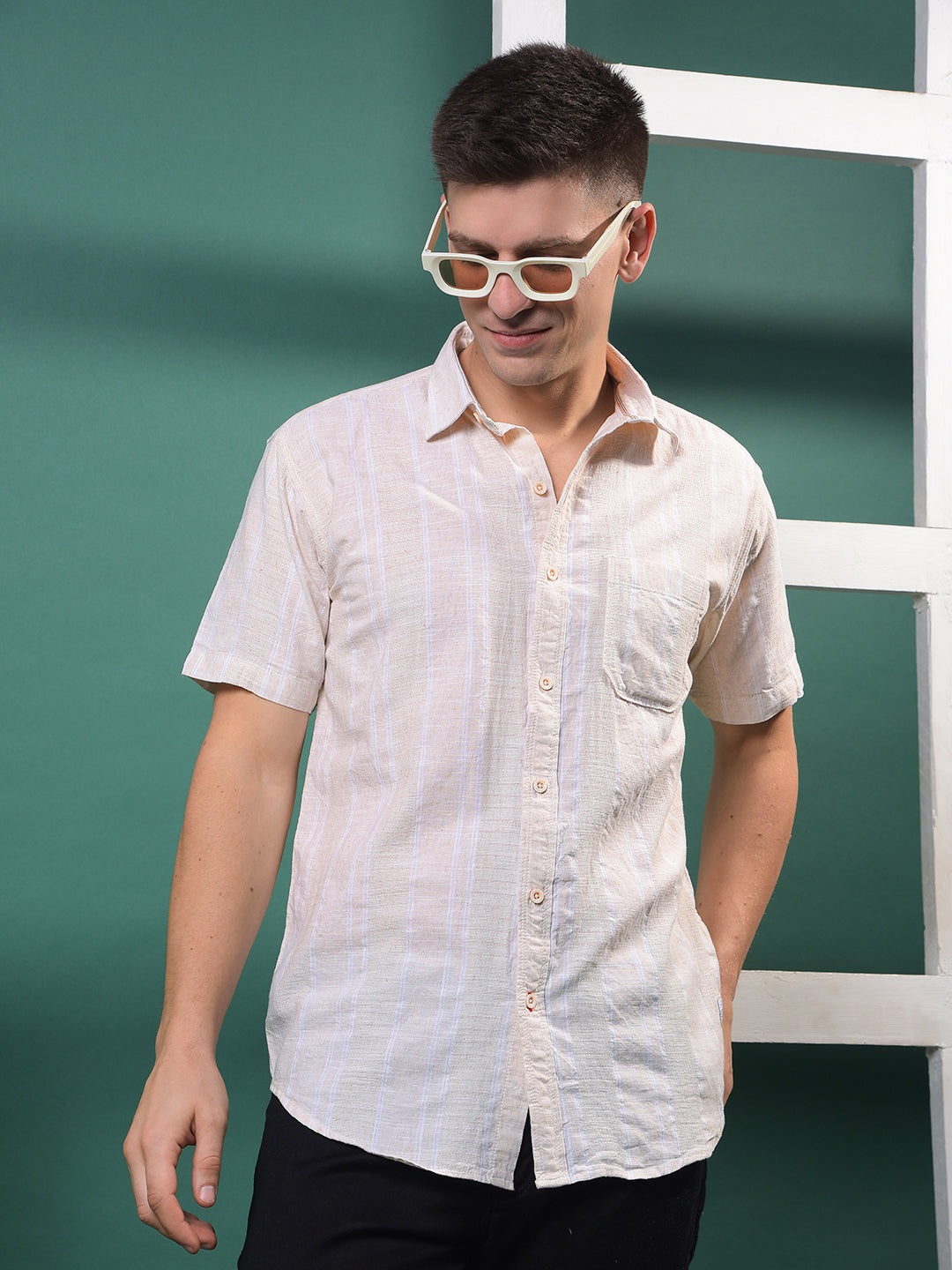 cobb beige striped half-sleeve casual shirt