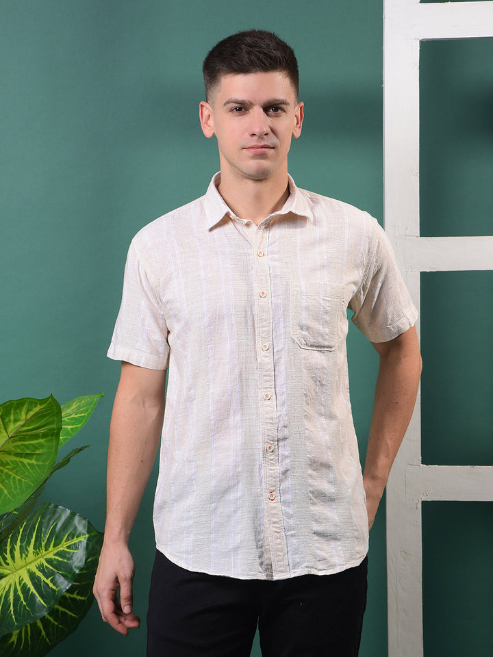 cobb beige striped half-sleeve casual shirt