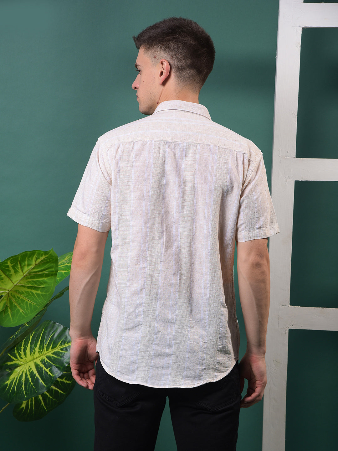 cobb beige striped half-sleeve casual shirt