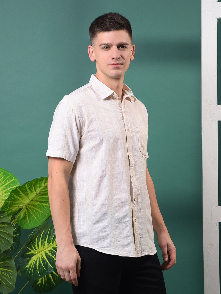 COBB BEIGE STRIPED HALF-SLEEVE CASUAL SHIRT