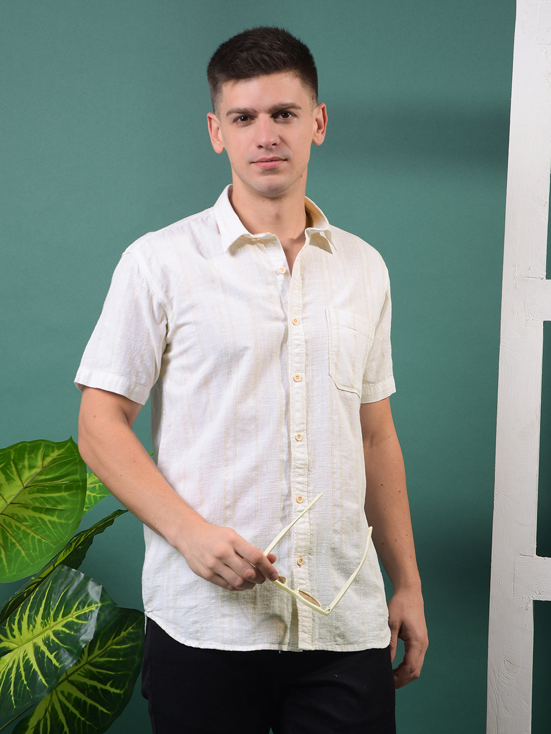 cobb cream striped half-sleeve casual shirt