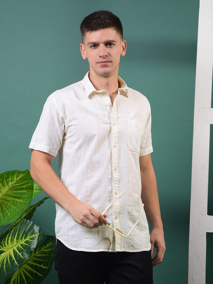 cobb cream striped half-sleeve casual shirt