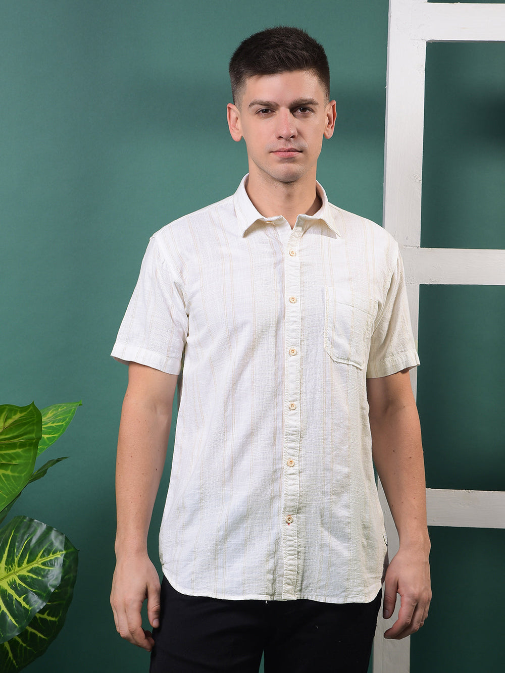 cobb cream striped half-sleeve casual shirt