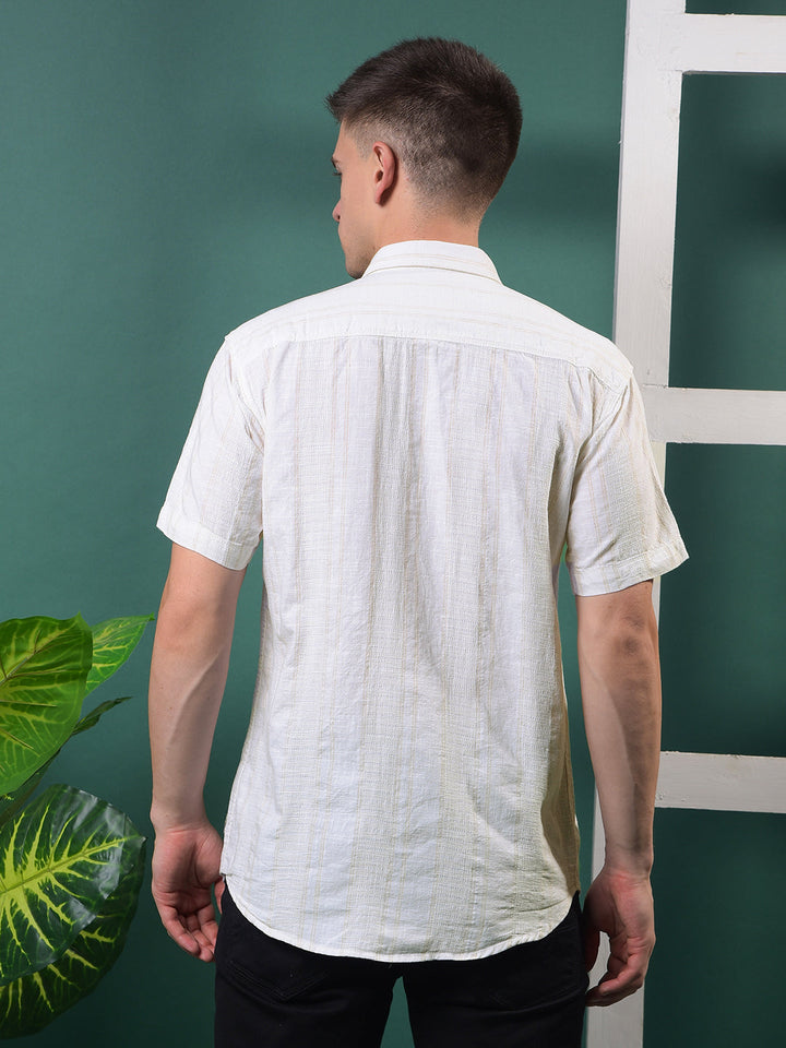 cobb cream striped half-sleeve casual shirt