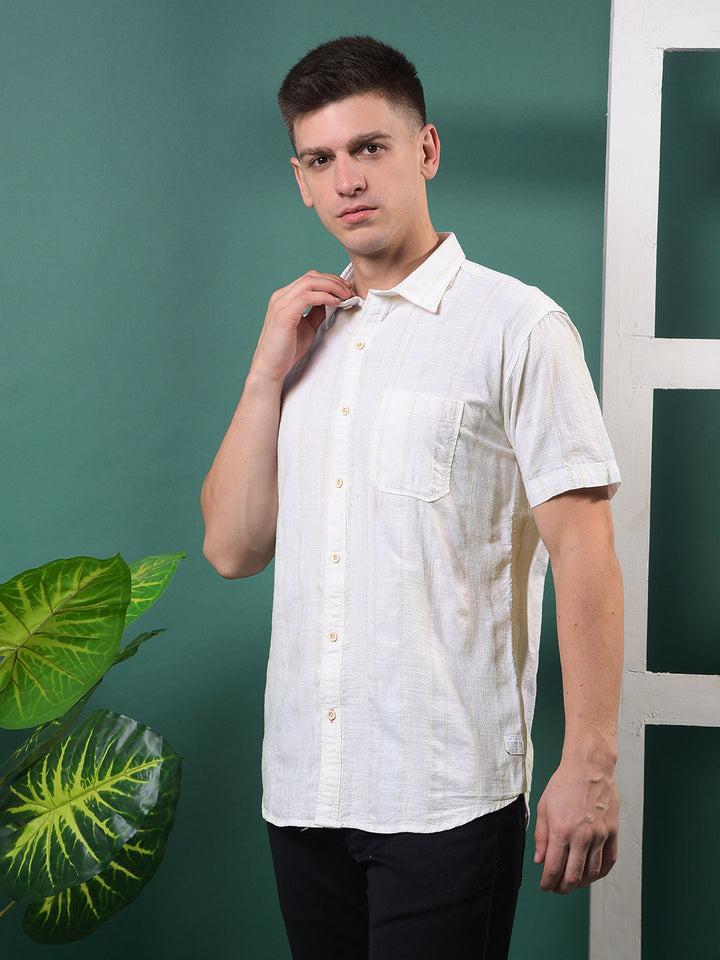 COBB CREAM STRIPED HALF-SLEEVE CASUAL SHIRT