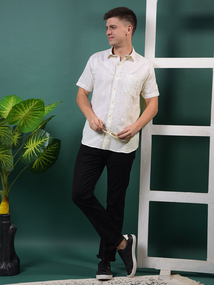 COBB CREAM STRIPED HALF-SLEEVE CASUAL SHIRT