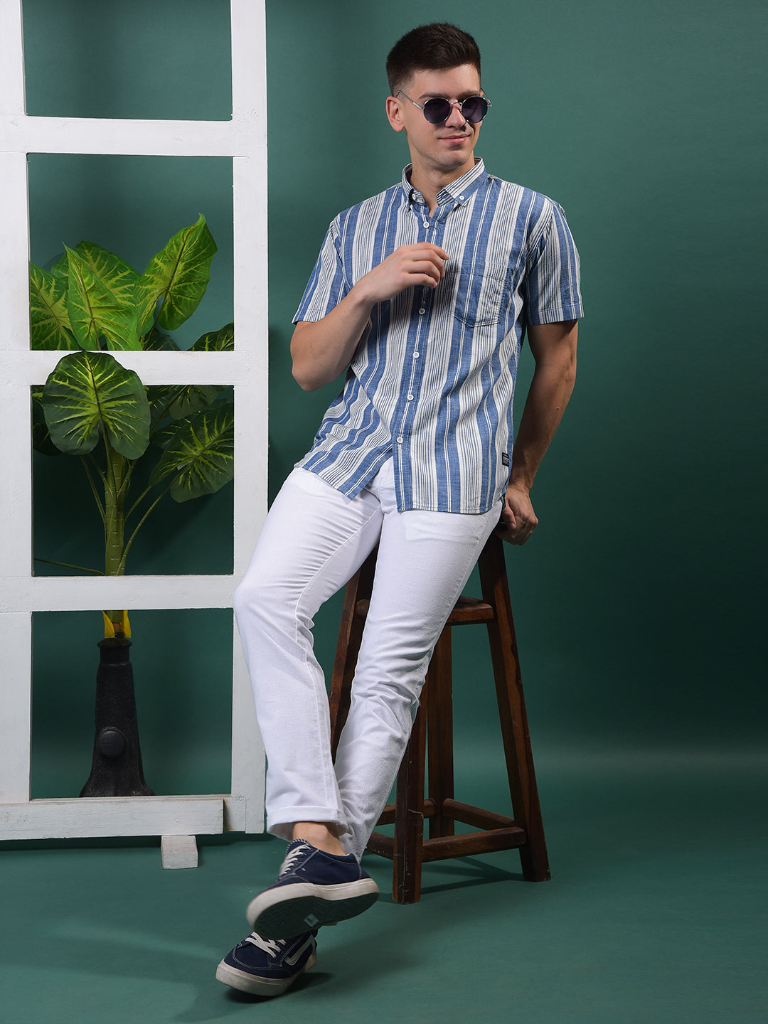 COBB BLUE STRIPED HALF-SLEEVE CASUAL SHIRT