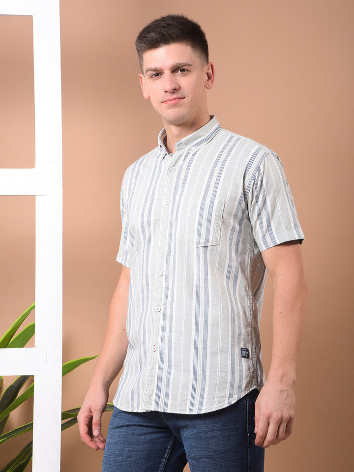 COBB LIGHT GREY STRIPED HALF-SLEEVE CASUAL SHIRT
