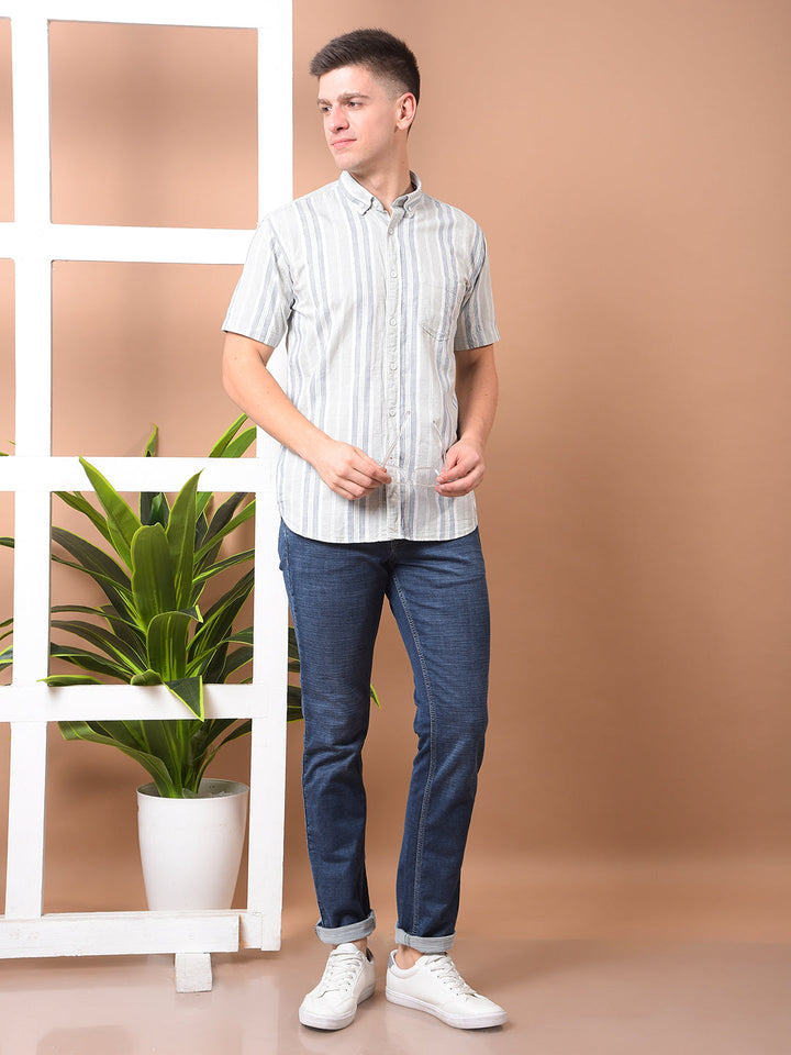 COBB LIGHT GREY STRIPED HALF-SLEEVE CASUAL SHIRT